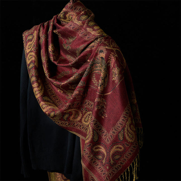 Buddha Stones Spring Maroon Cashew Flower Floral Leaf Pattern Tassel Soft Scarf Shawl - Maroon 180*70cm - image 0
