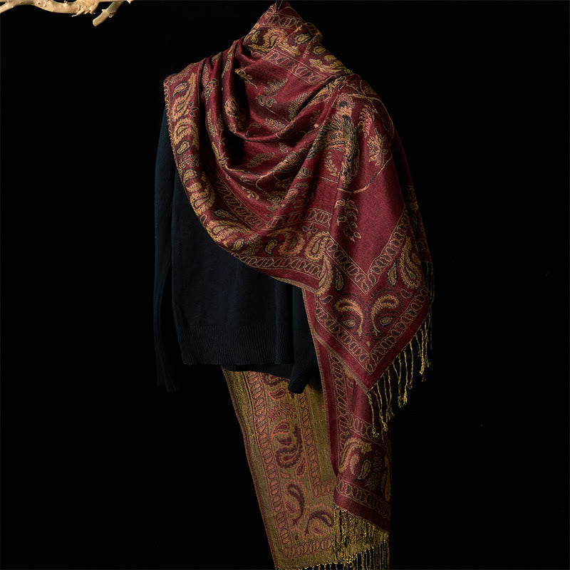 Buddha Stones Spring Maroon Cashew Flower Floral Leaf Pattern Tassel Soft Scarf Shawl - image 2
