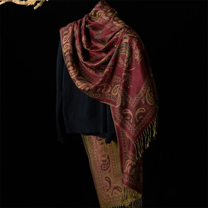Buddha Stones Spring Maroon Cashew Flower Floral Leaf Pattern Tassel Soft Scarf Shawl - image 2