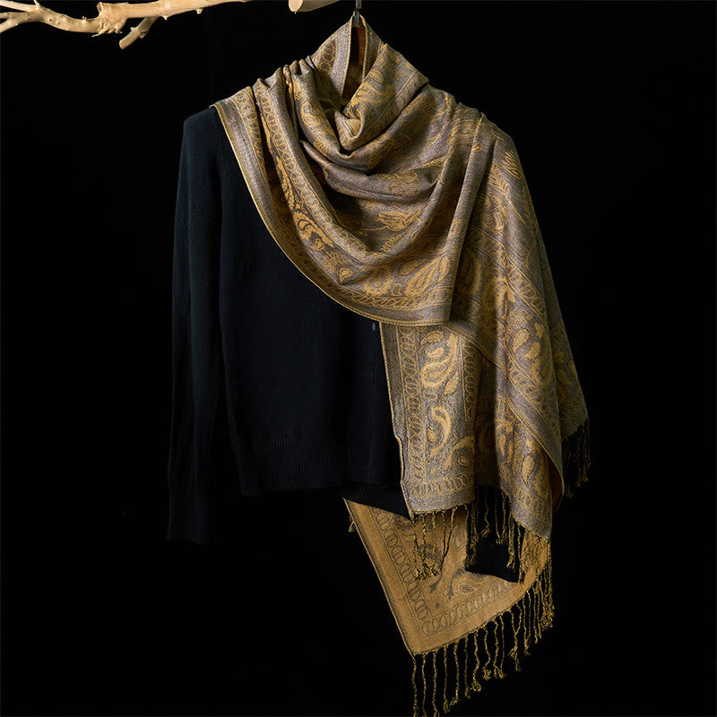 Buddha Stones Spring Dark Khaki Cashew Flower Leaves Pattern Tassel Soft Scarf Shawl - image 1
