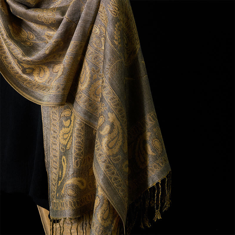 Buddha Stones Spring Dark Khaki Cashew Flower Leaves Pattern Tassel Soft Scarf Shawl - image 4