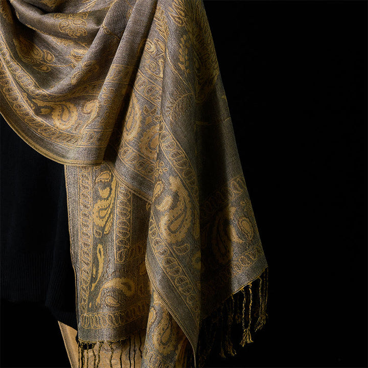 Buddha Stones Spring Dark Khaki Cashew Flower Leaves Pattern Tassel Soft Scarf Shawl - image 4
