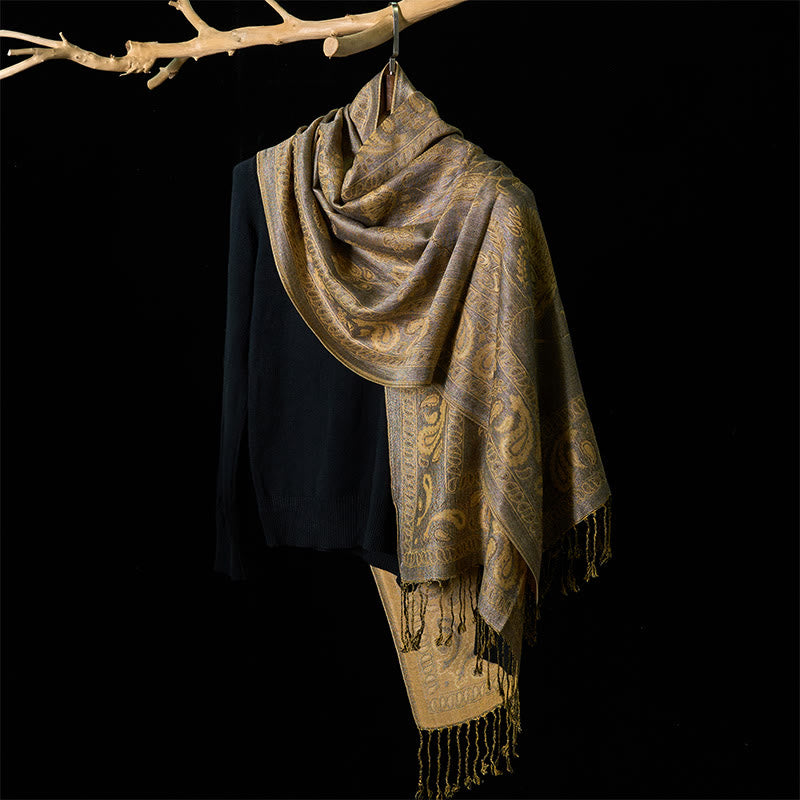 Buddha Stones Spring Dark Khaki Cashew Flower Leaves Pattern Tassel Soft Scarf Shawl - image 2