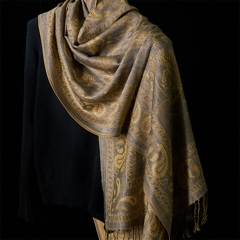 Buddha Stones Spring Dark Khaki Cashew Flower Leaves Pattern Tassel Soft Scarf Shawl - DarkKhaki 180*70cm - image 0