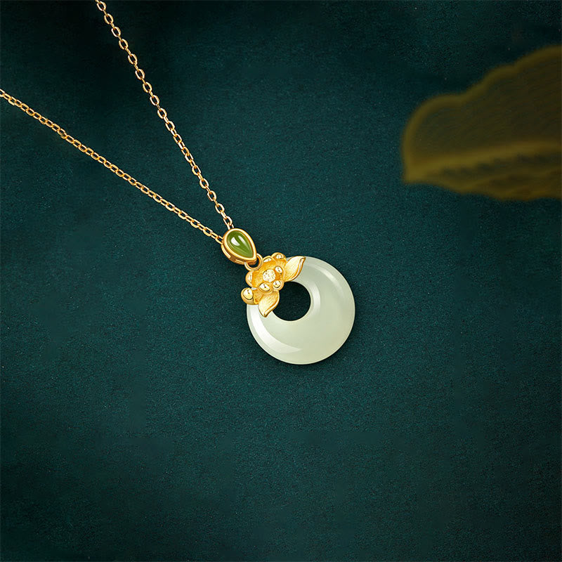 Buddha Stones 925 Sterling Silver Plated Gold Hetian Jade Lotus Luck Necklace Pendant - image 1