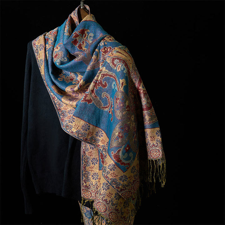 Buddha Stones Spring Cashew Floral Geometry Pattern Tassel Cozy Scarf Shawl - CornflowerBlue - 176*70cm - image 6