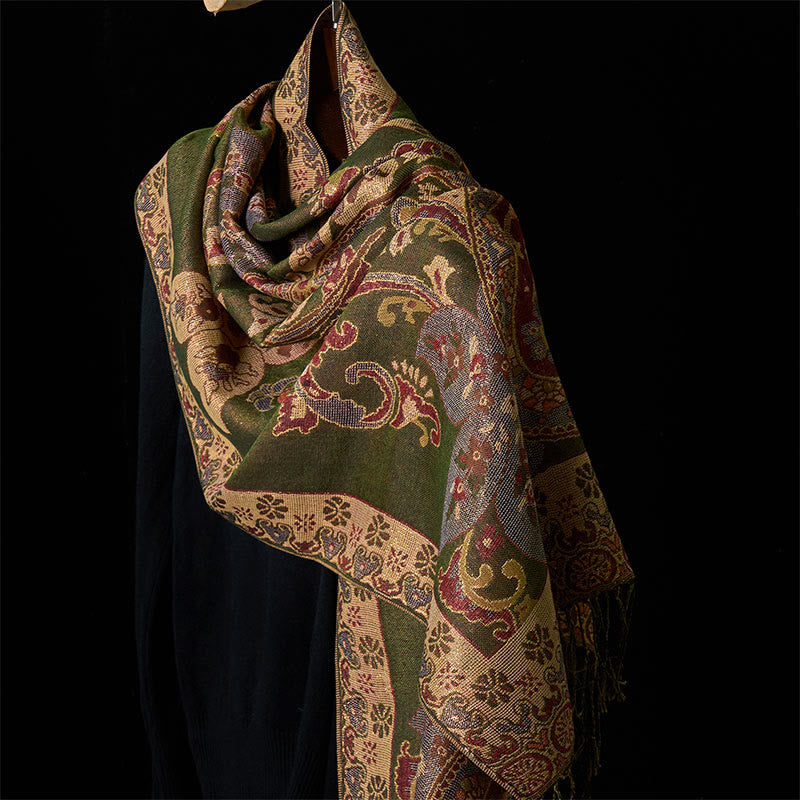 Buddha Stones Spring Cashew Flowers Circular Geometry Pattern Tassel Cozy Scarf Shawl - Olive - 176*70cm - image 0