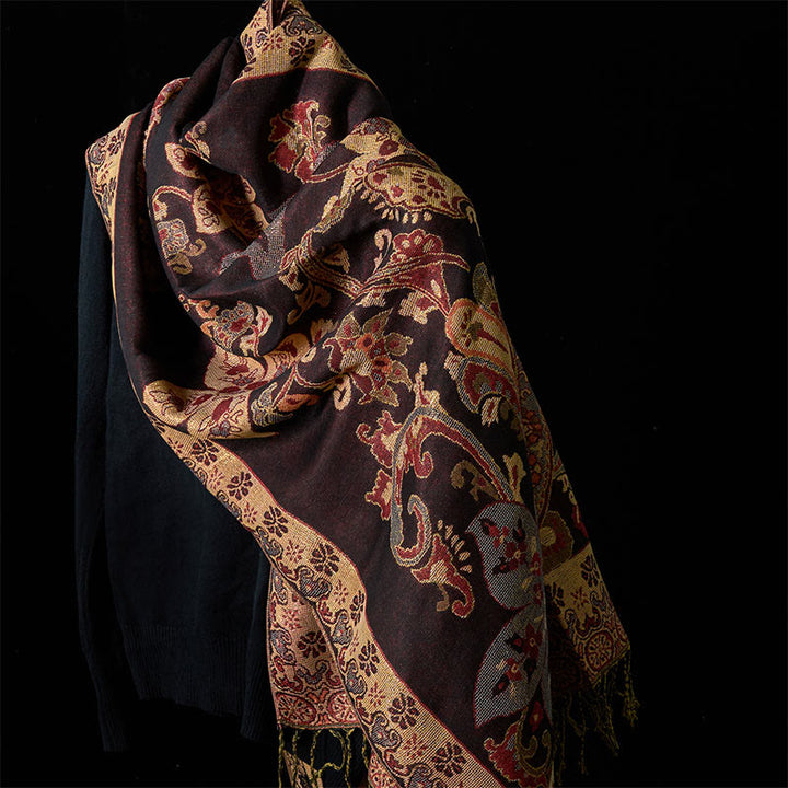 Buddha Stones Spring Cashew Flowers Circular Geometry Pattern Tassel Cozy Scarf Shawl - SaddleBrown - 176*70cm - image 5