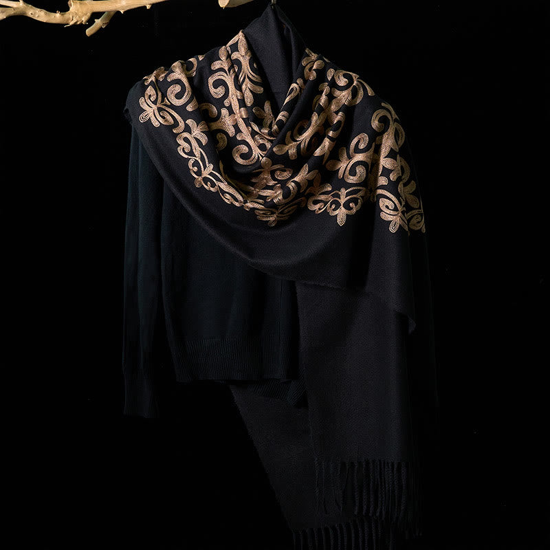 Buddha Stones Winter Black Diamond-shaped Golden Flowers Pattern Tassel Cozy Scarf Shawl - image 1