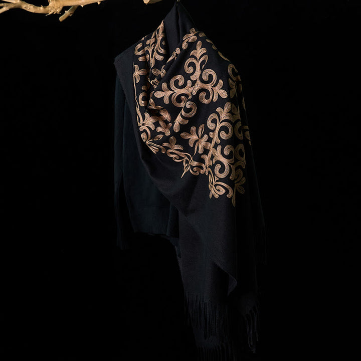 Buddha Stones Winter Black Diamond-shaped Golden Flowers Pattern Tassel Cozy Scarf Shawl - image 2