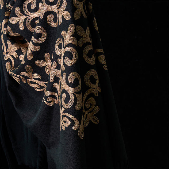 Buddha Stones Winter Black Diamond-shaped Golden Flowers Pattern Tassel Cozy Scarf Shawl - image 4