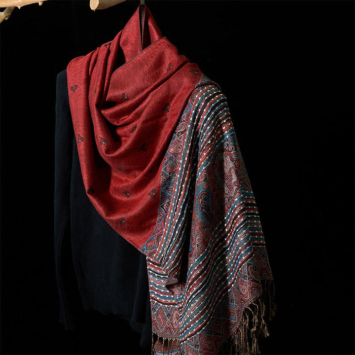 Buddha Stones Spring Cashew Flower Stripe Geometric Pattern Tassel Soft Scarf Shawl - FireBrick - 170*67cm - image 0