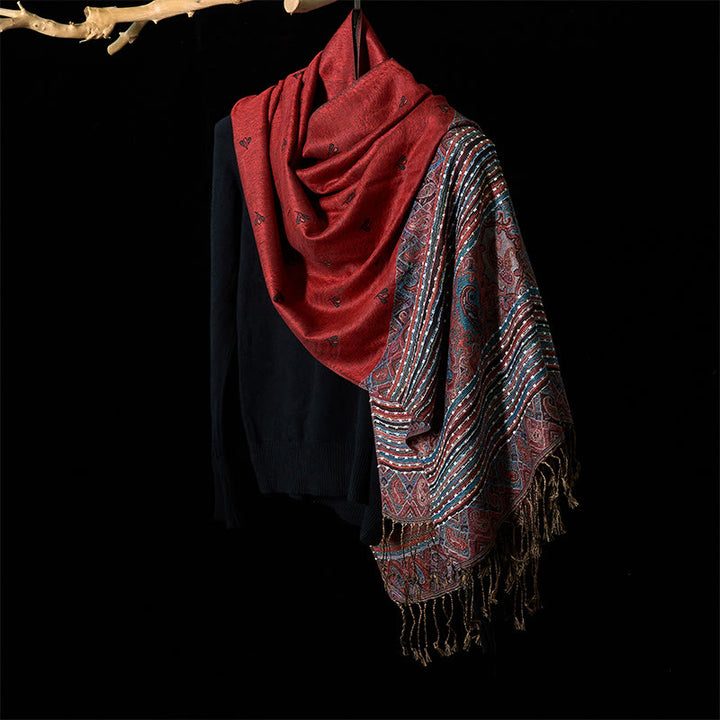 Buddha Stones Spring Cashew Flower Stripe Geometric Pattern Tassel Soft Scarf Shawl - image 2