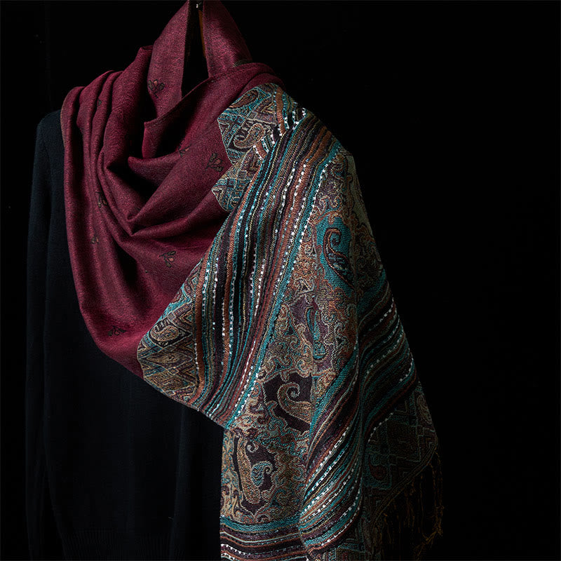 Buddha Stones Spring Cashew Flower Stripe Geometric Pattern Tassel Soft Scarf Shawl - DarkMagenta - 170*67cm - image 6
