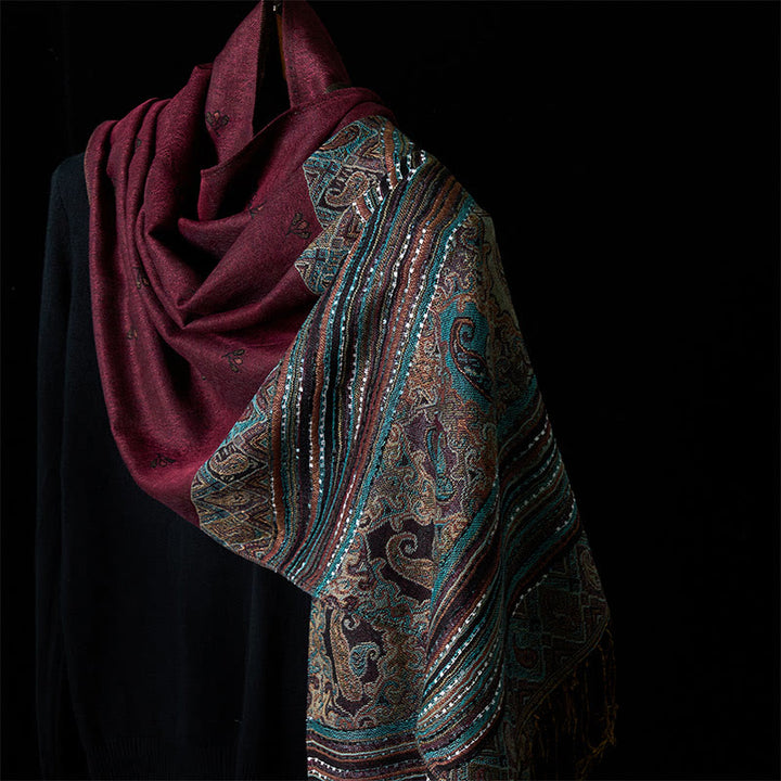 Buddha Stones Spring Cashew Flower Stripe Geometric Pattern Tassel Soft Scarf Shawl - DarkMagenta - 170*67cm - image 6