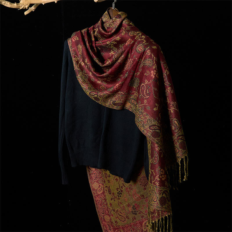 Buddha Stones Spring Dark Red Cashew Flower Floral Leaf Pattern Tassel Soft Scarf Shawl - image 2