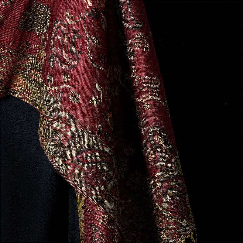 Buddha Stones Spring Dark Red Cashew Flower Floral Leaf Pattern Tassel Soft Scarf Shawl - image 4