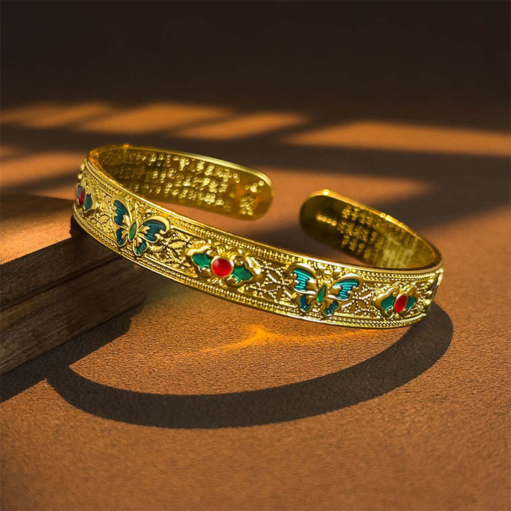 Buddha Stones Heart Sutra Butterfly Copper Enamel Healing Open Adjustable Bracelet Bangle - Golden - image 7