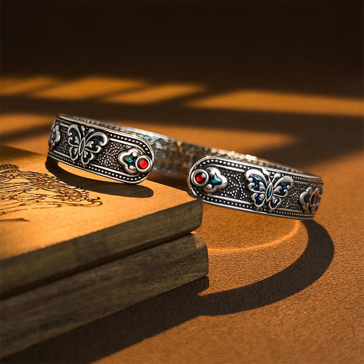 Buddha Stones Heart Sutra Butterfly Copper Enamel Healing Open Adjustable Bracelet Bangle - image 3