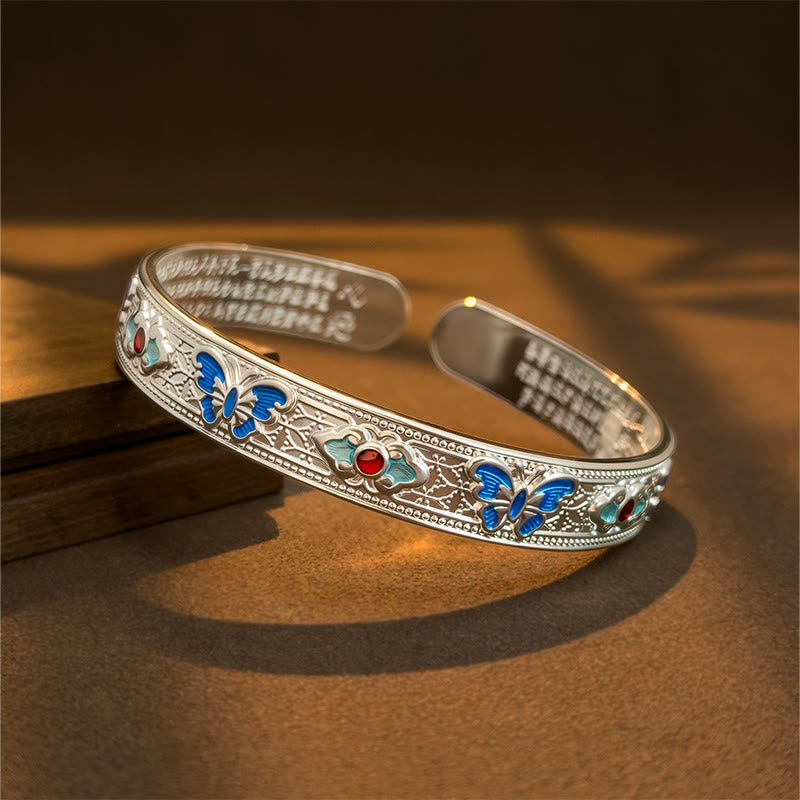 Buddha Stones Heart Sutra Butterfly Copper Enamel Healing Open Adjustable Bracelet Bangle - Silvery - image 6