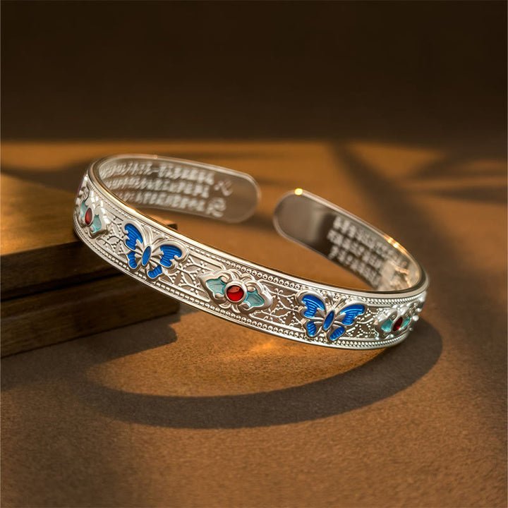 Buddha Stones Heart Sutra Butterfly Copper Enamel Healing Open Adjustable Bracelet Bangle - Silvery - image 6