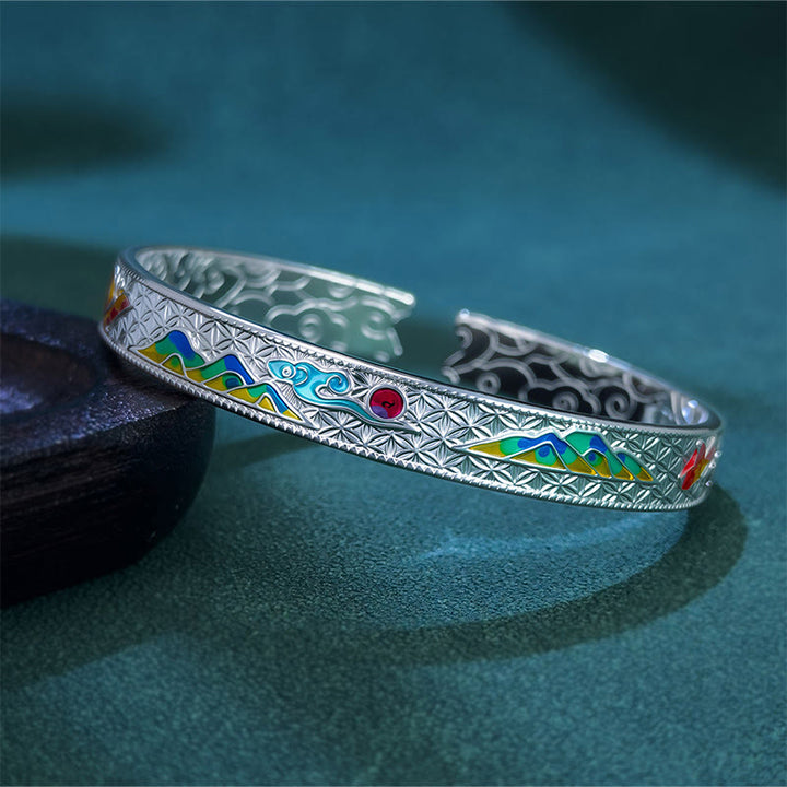 Buddha Stones Sun Butterfly Pattern Copper Enamel Love Open Adjustable Bracelet Bangle - Silvery - image 5