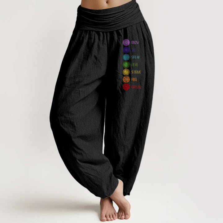 Buddha Stones Seven Chakras Print Pattern Women's Elastic Waist Harem Pure Cotton Pants - Black - US22，UK/AU26，EU54 (6XL) - image 0