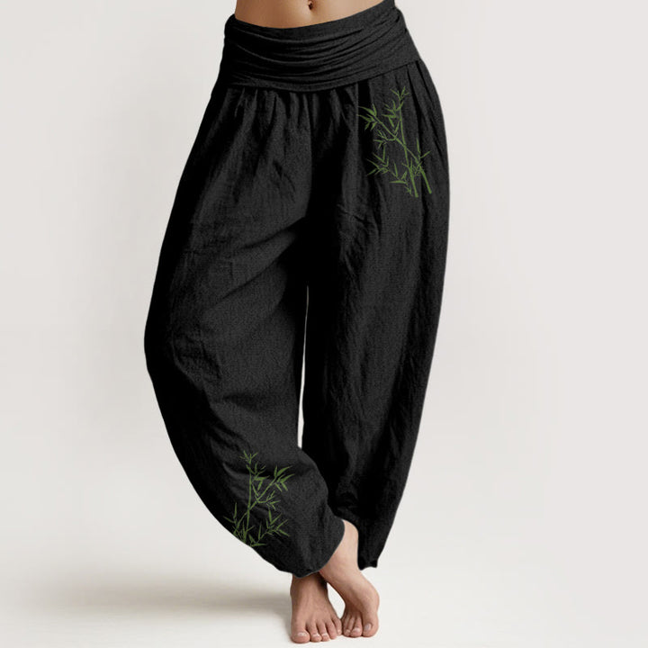 Buddha Stones Green Bamboo Print Pattern Women's Elastic Waist Harem Pure Cotton Pants - Black - US22，UK/AU26，EU54 (6XL) - image 0