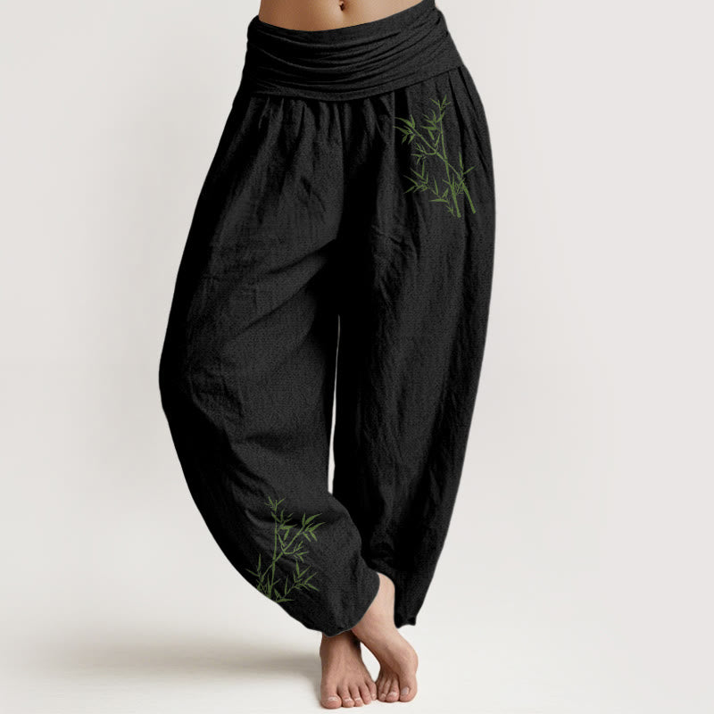 Buddha Stones Green Bamboo Print Pattern Women's Elastic Waist Harem Pure Cotton Pants - Black - US22，UK/AU26，EU54 (6XL) - image 0