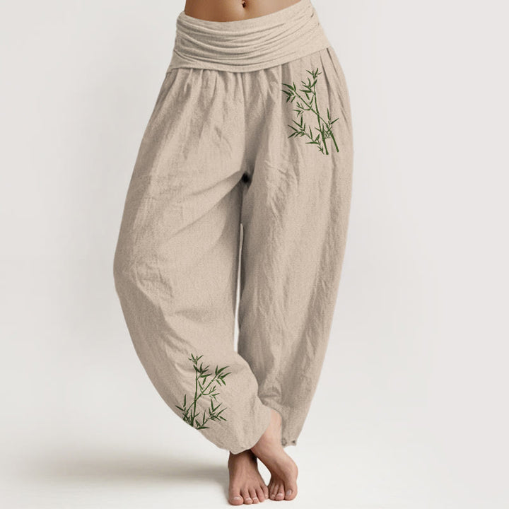 Buddha Stones Green Bamboo Print Pattern Women's Elastic Waist Harem Pure Cotton Pants - Tan - US22，UK/AU26，EU54 (6XL) - image 11