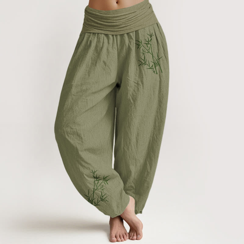 Buddha Stones Green Bamboo Print Pattern Women's Elastic Waist Harem Pure Cotton Pants - OliveDrab - US22，UK/AU26，EU54 (6XL) - image 14