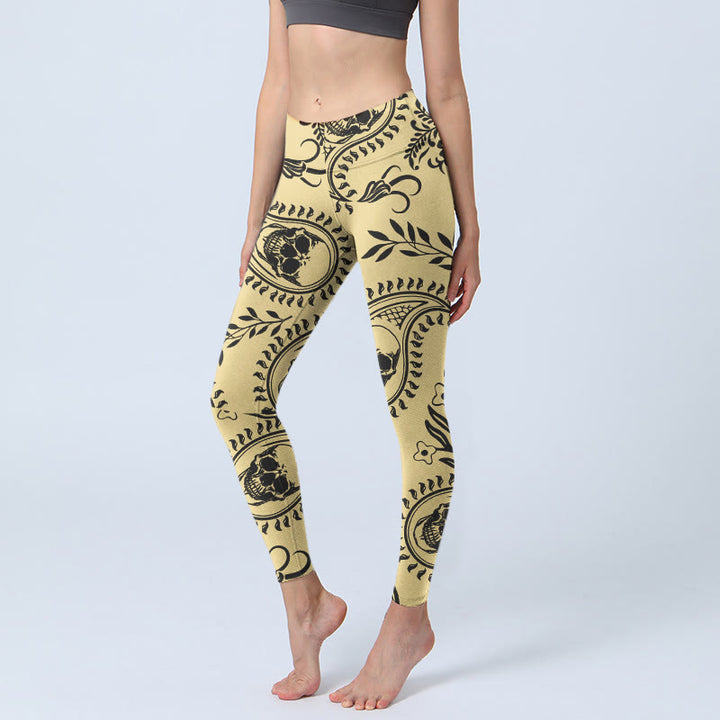Buddha Stones Paisley Skull Design Gym Leggings Women's Yoga Pants - Khaki - US18，UK/AU22，EU50 (4XL) - image 0