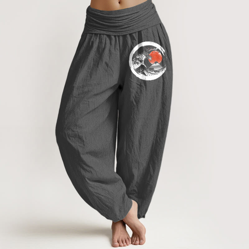 Buddha Stones Wave Sun Mountains Pattern Women's Elastic Waist Harem Pure Cotton Pants - Gray - US22，UK/AU26，EU54 (6XL) - image 8