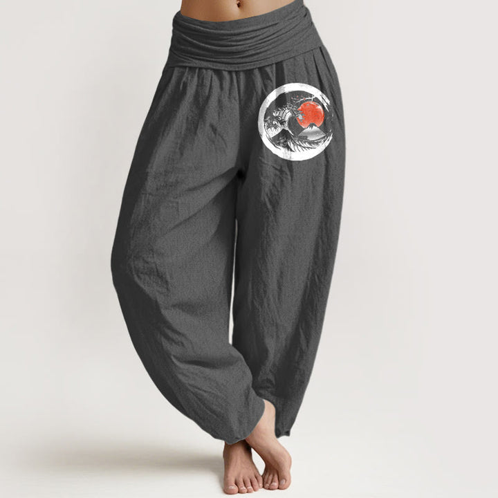 Buddha Stones Wave Sun Mountains Pattern Women's Elastic Waist Harem Pure Cotton Pants - Gray - US22，UK/AU26，EU54 (6XL) - image 8