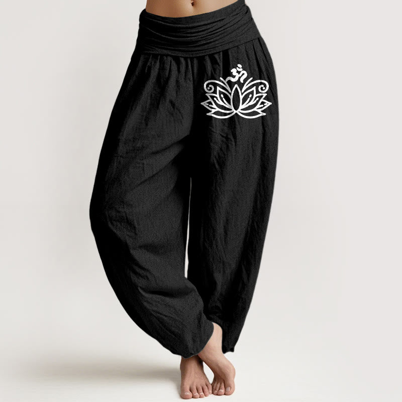 Buddha Stones Lotus Flower Om Symbol Pattern Women's Elastic Waist Harem Pure Cotton Pants - Black - US22，UK/AU26，EU54 (6XL) - image 0