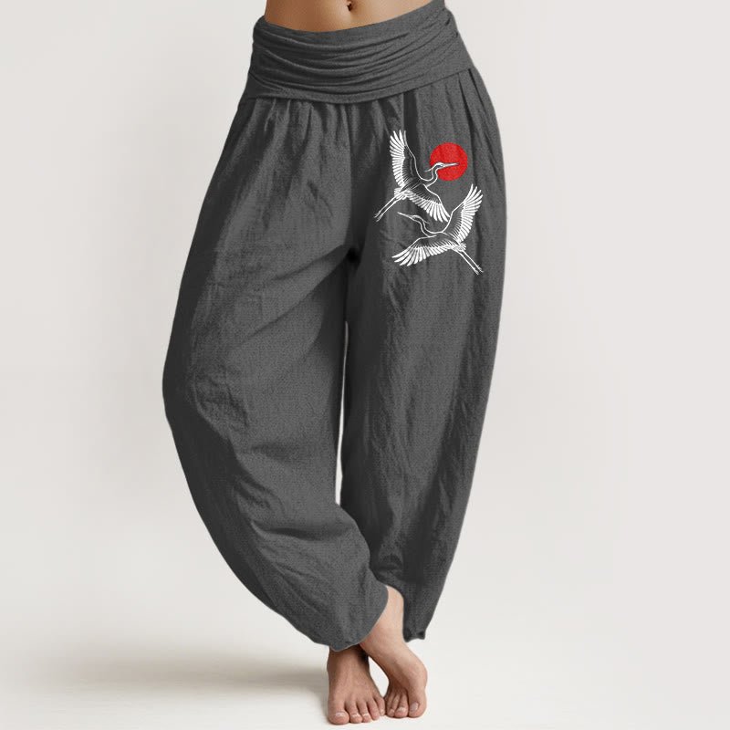 Buddha Stones Red Sun Cranes Pattern Women's Elastic Waist Harem Pure Cotton Pants - Gray - US22，UK/AU26，EU54 (6XL) - image 8