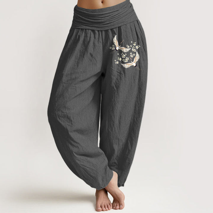 Buddha Stones Cranes Flowers Pattern Pure Cotton Women's Elastic Waist Harem Pants - Gray - US22，UK/AU26，EU54 (6XL) - image 8