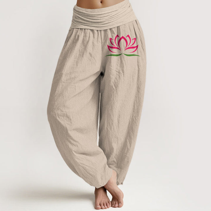 Buddha Stones Simple Design Pink Lotus Pattern Pure Cotton Women's Elastic Waist Harem Pants - Tan - US22，UK/AU26，EU54 (6XL) - image 11
