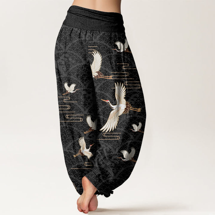 Buddha Stones Print Cranes Wave Pattern Women's Elastic Waist Harem Pure Cotton Pants - image 2