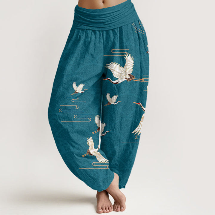 Buddha Stones Print Cranes Wave Pattern Women's Elastic Waist Harem Pure Cotton Pants - DarkCyan - US22，UK/AU26，EU54 (6XL) - image 5