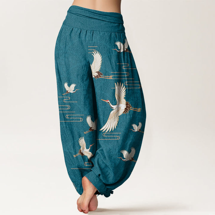Buddha Stones Print Cranes Wave Pattern Women's Elastic Waist Harem Pure Cotton Pants - image 7