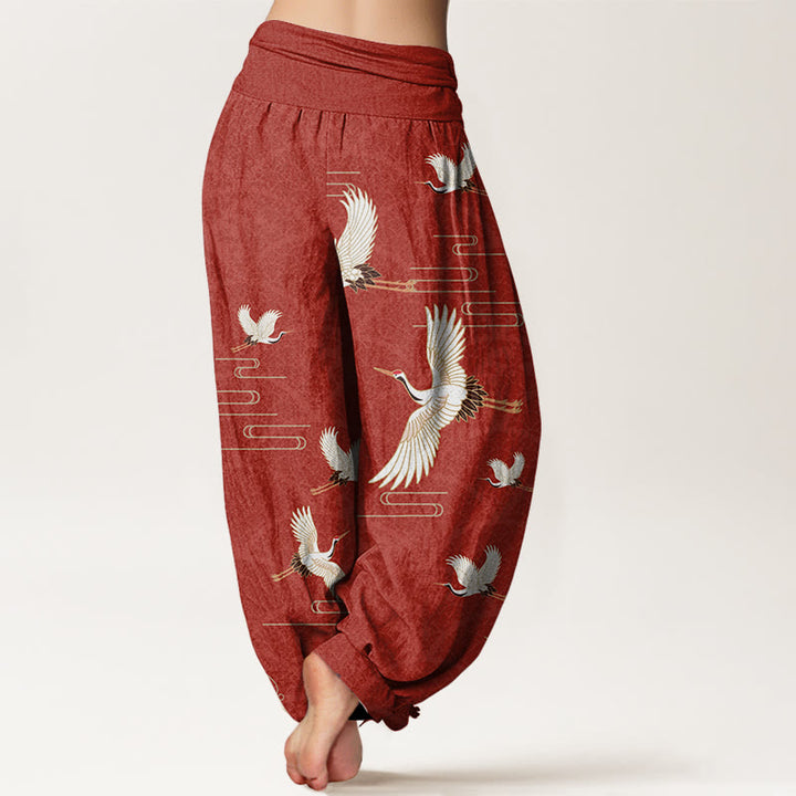 Buddha Stones Print Cranes Wave Pattern Women's Elastic Waist Harem Pure Cotton Pants - image 10