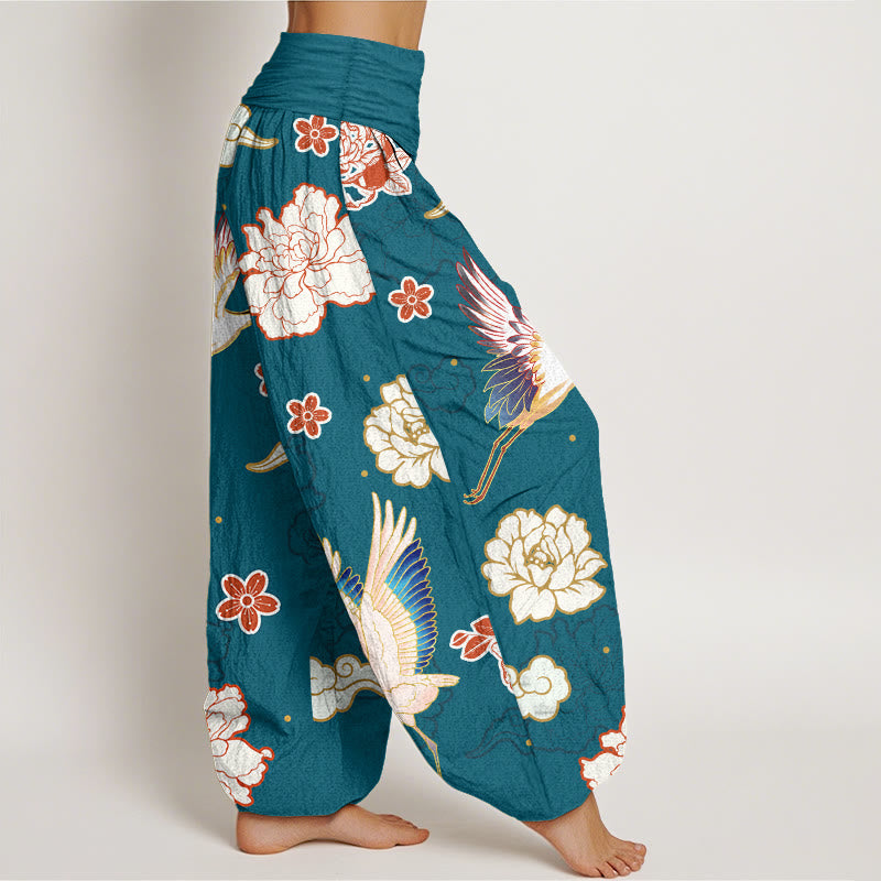 Buddha Stones Print Cranes Peonies Pattern Women's Elastic Waist Harem Pure Cotton Pants - image 1