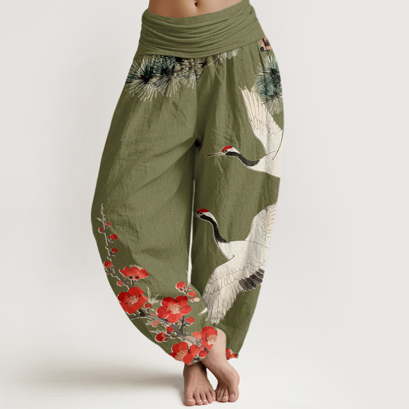 Buddha Stones Print Cranes Plum Blossoms Pattern Women's Elastic Waist Harem Cotton Pants - OliveDrab - US22，UK/AU26，EU54 (6XL) - image 5