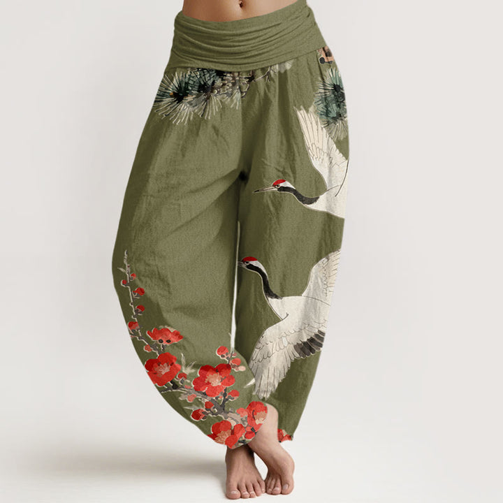 Buddha Stones Print Cranes Plum Blossoms Pattern Women's Elastic Waist Harem Cotton Pants - OliveDrab - US22，UK/AU26，EU54 (6XL) - image 5