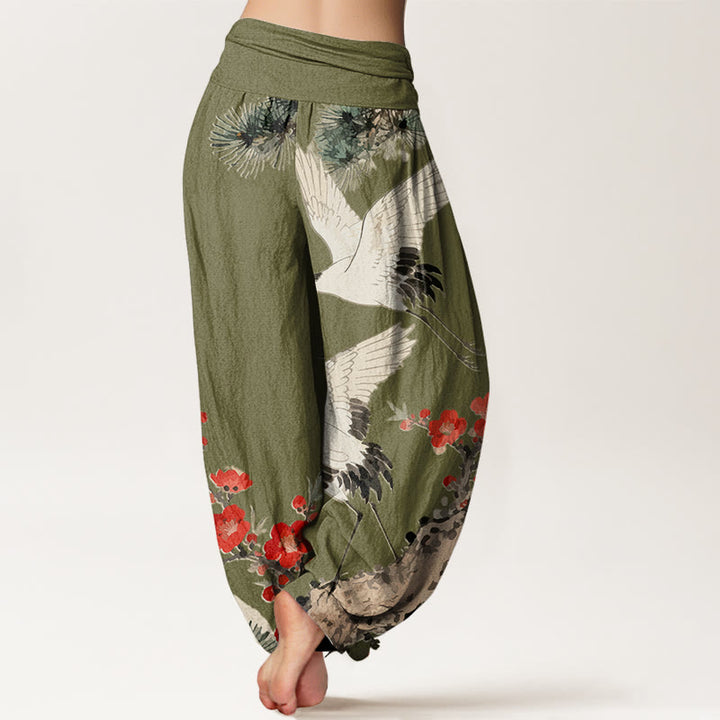 Buddha Stones Print Cranes Plum Blossoms Pattern Women's Elastic Waist Harem Cotton Pants - image 7