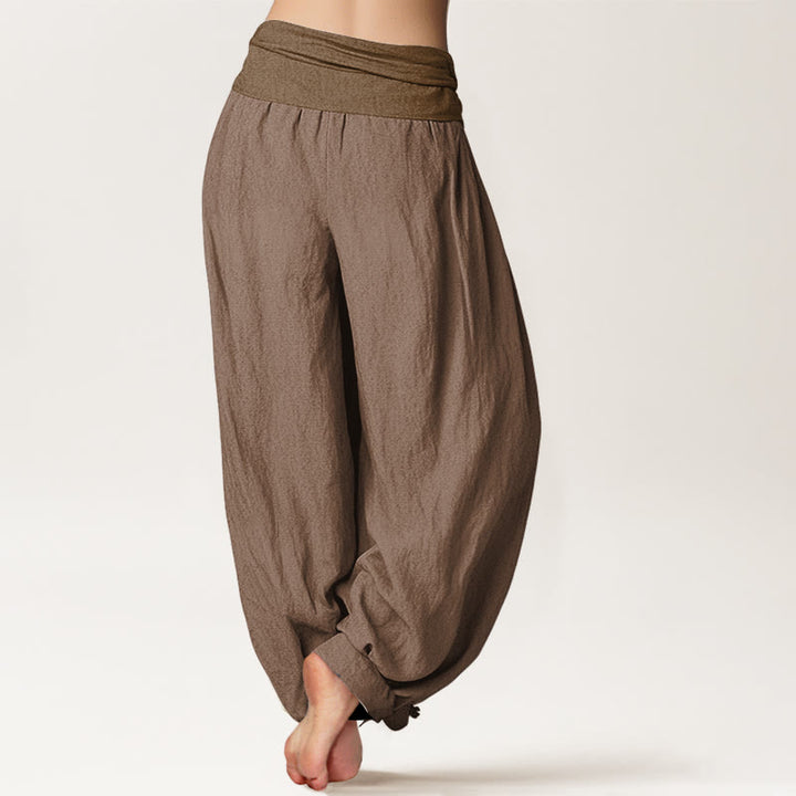 Buddha Stones Pure Cotton Plain Tan Women's Elastic Waist Harem Pants - image 1