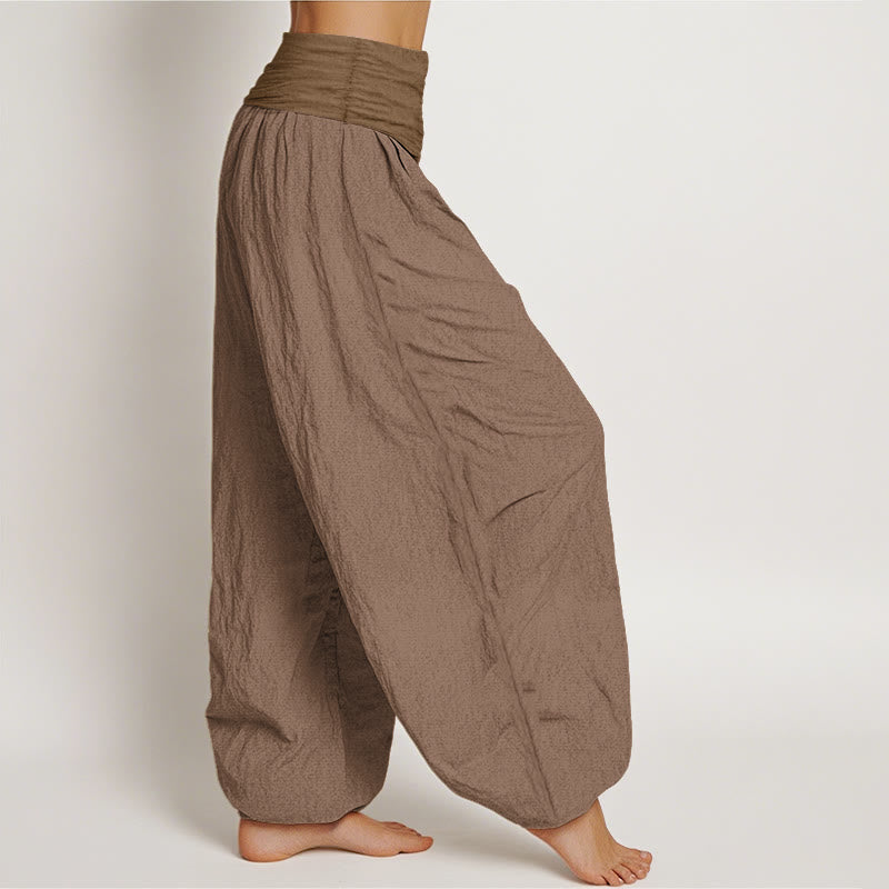 Buddha Stones Pure Cotton Plain Tan Women's Elastic Waist Harem Pants - image 2