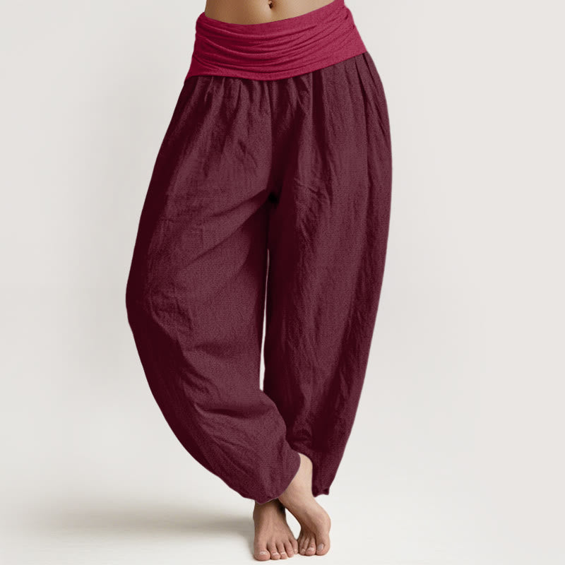 Buddha Stones Pure Cotton Plain Maroon Women's Elastic Waist Harem Pants - Maroon - US16，UK/AU20，EU48 (3XL) - image 0