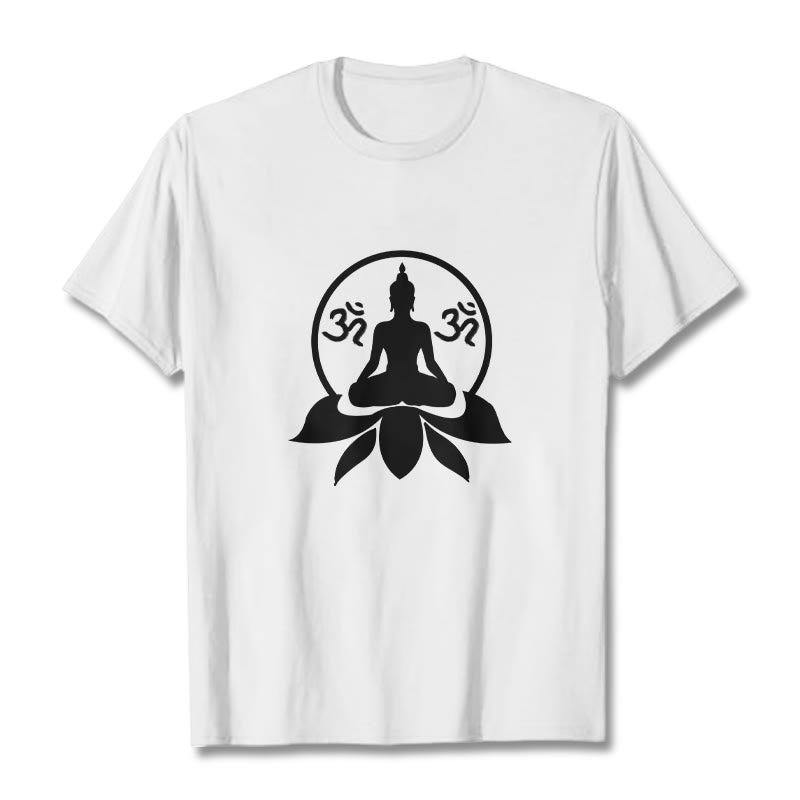 Buddha Stones OM Symbol Sanskrit Mantras Buddha Seated On Lotus Flower Design Tee T-shirt - White - 2XL - image 3